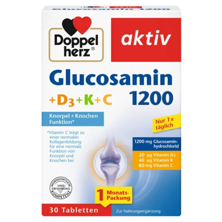 کپسول گلوکزامین ۱۲۰۰ داپل هرز ۳۰ عددی با ویتامین D3 و K و C